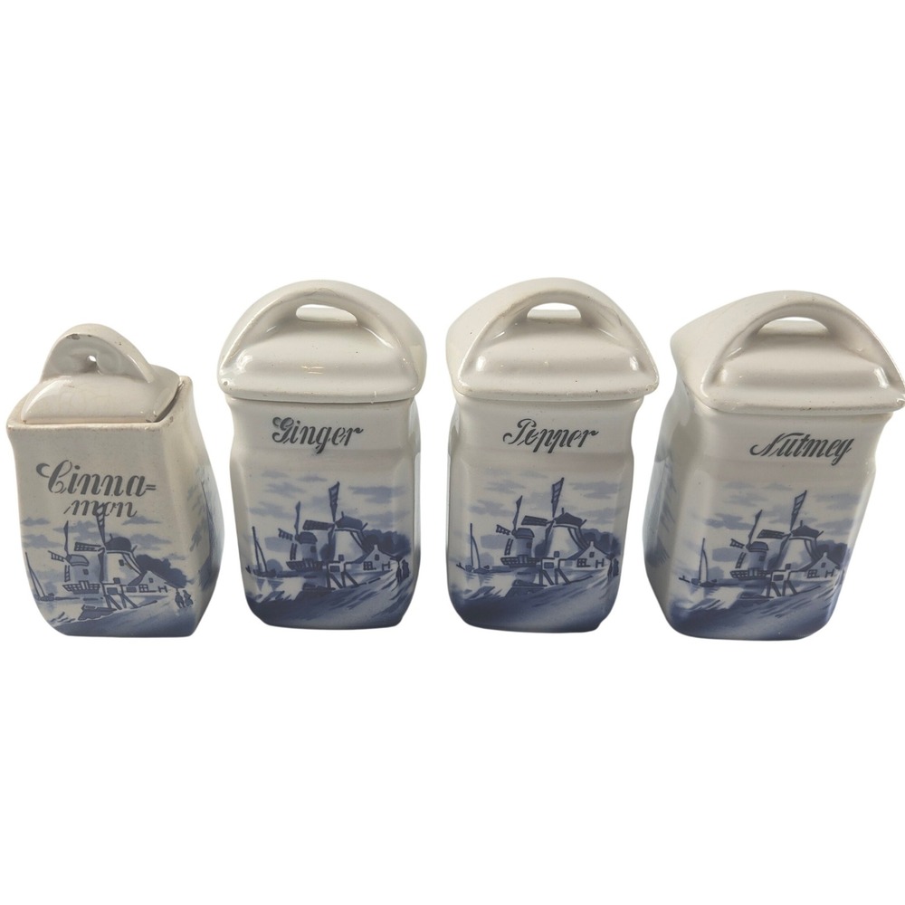 Vintage Delft Blue Dutch Windmill 4 Spice Jars Ginger Pepper Nutmeg Cinnamon